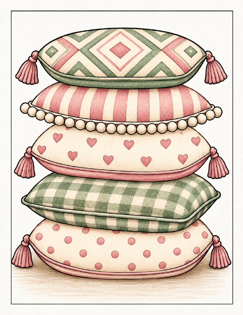 Finished colored stacked pillows pattern coloring page
