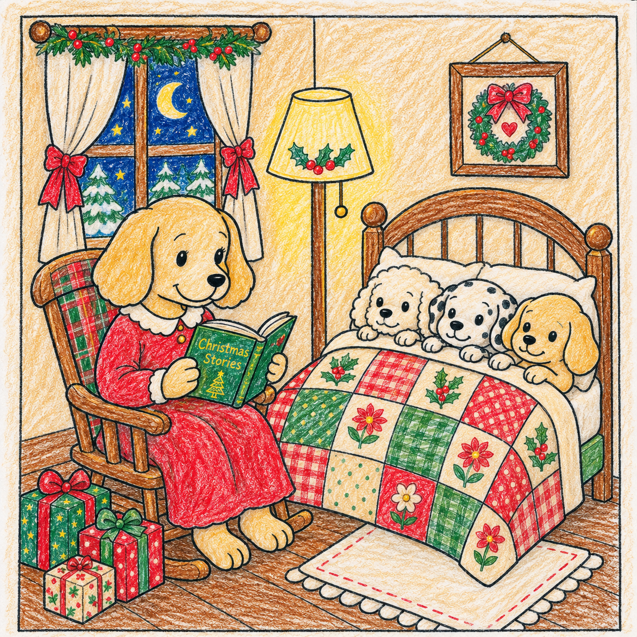 Finished colored Christmas puppies coloring page