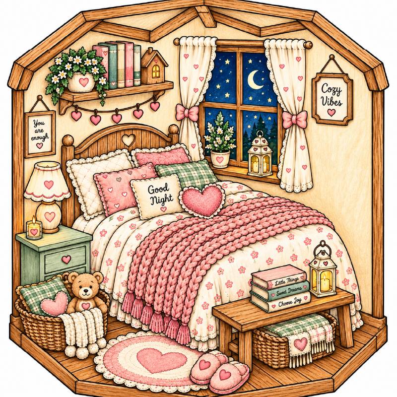 Finished colored cozy bedroom coloring page