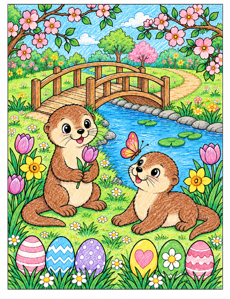 Finished colored Easter otters in the park coloring page