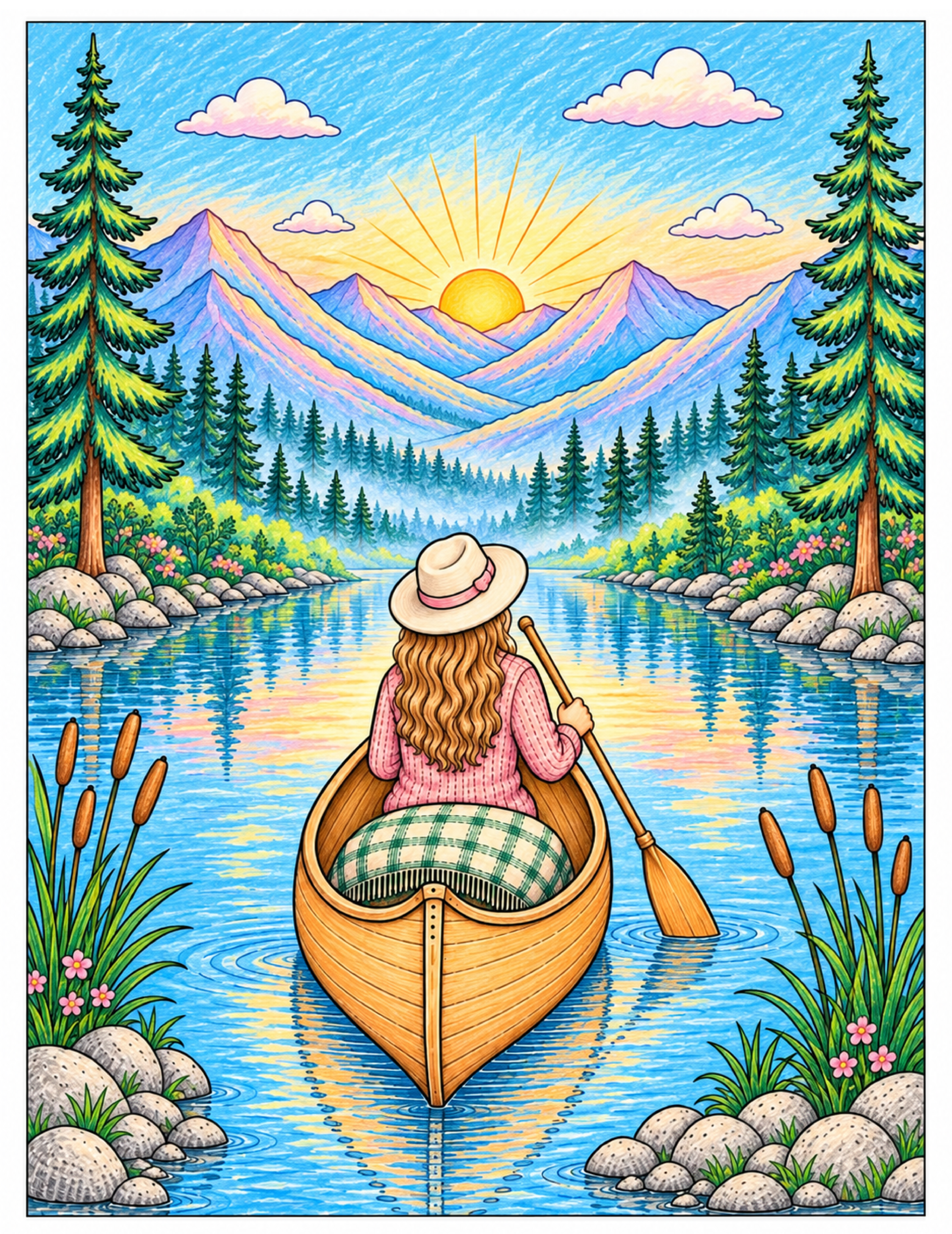 Finished colored Canoeing on a Misty River coloring page