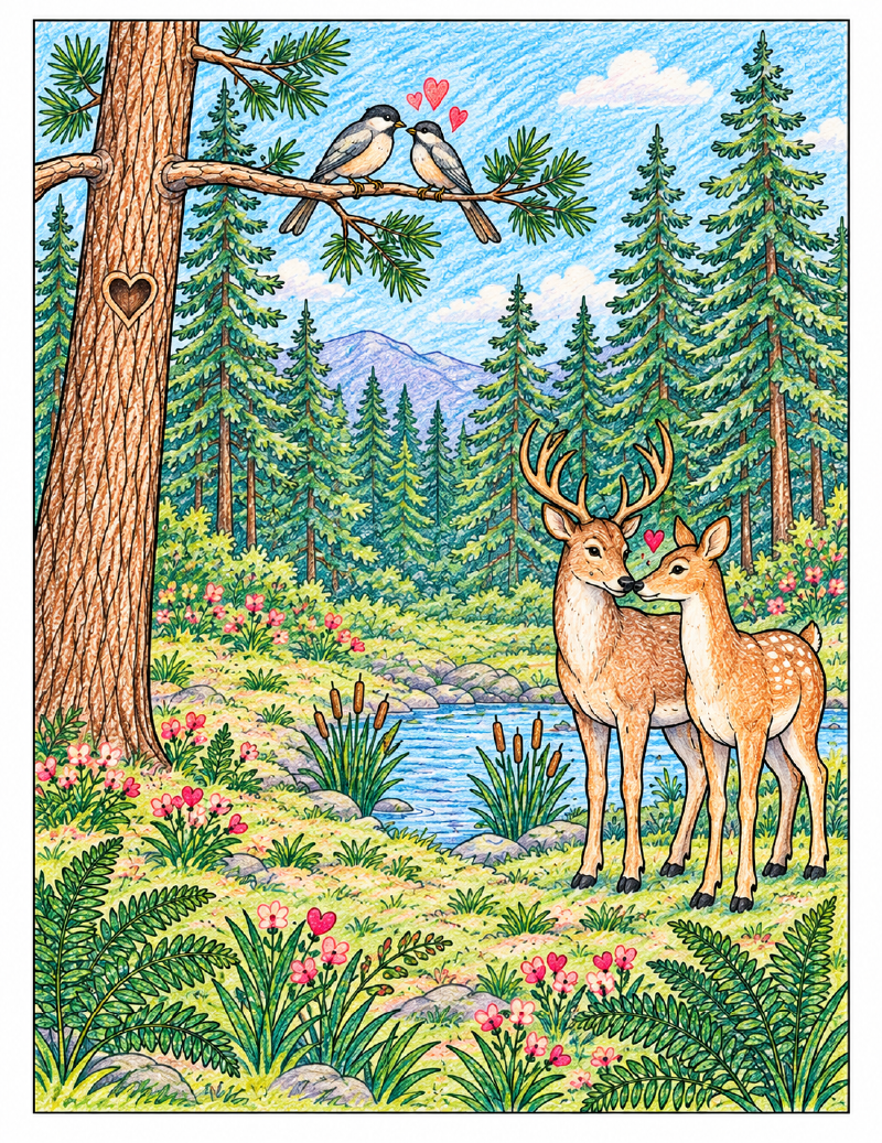 Finished colored Deer in Love Valentine's Day coloring page