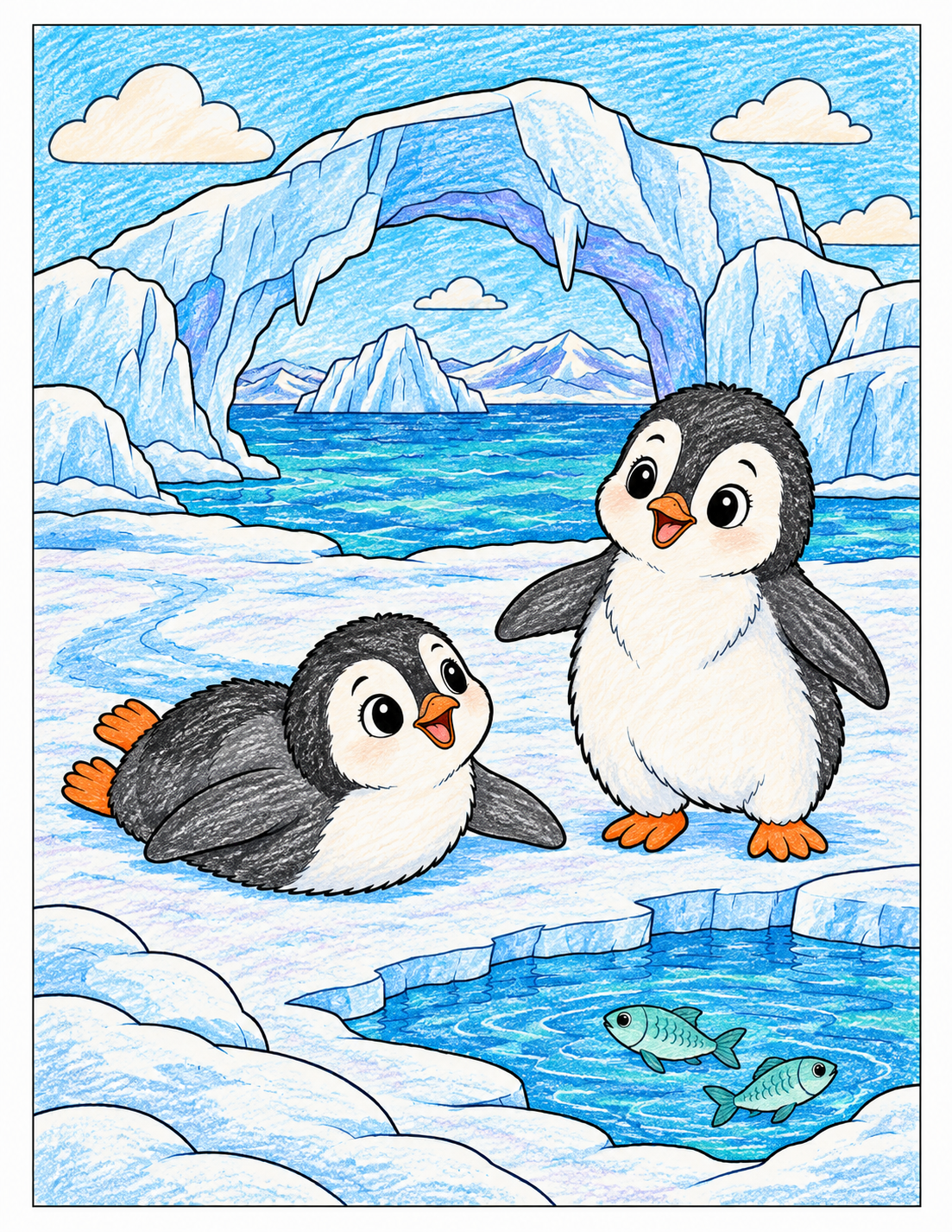 Finished colored winter penguins playing on the ice coloring page
